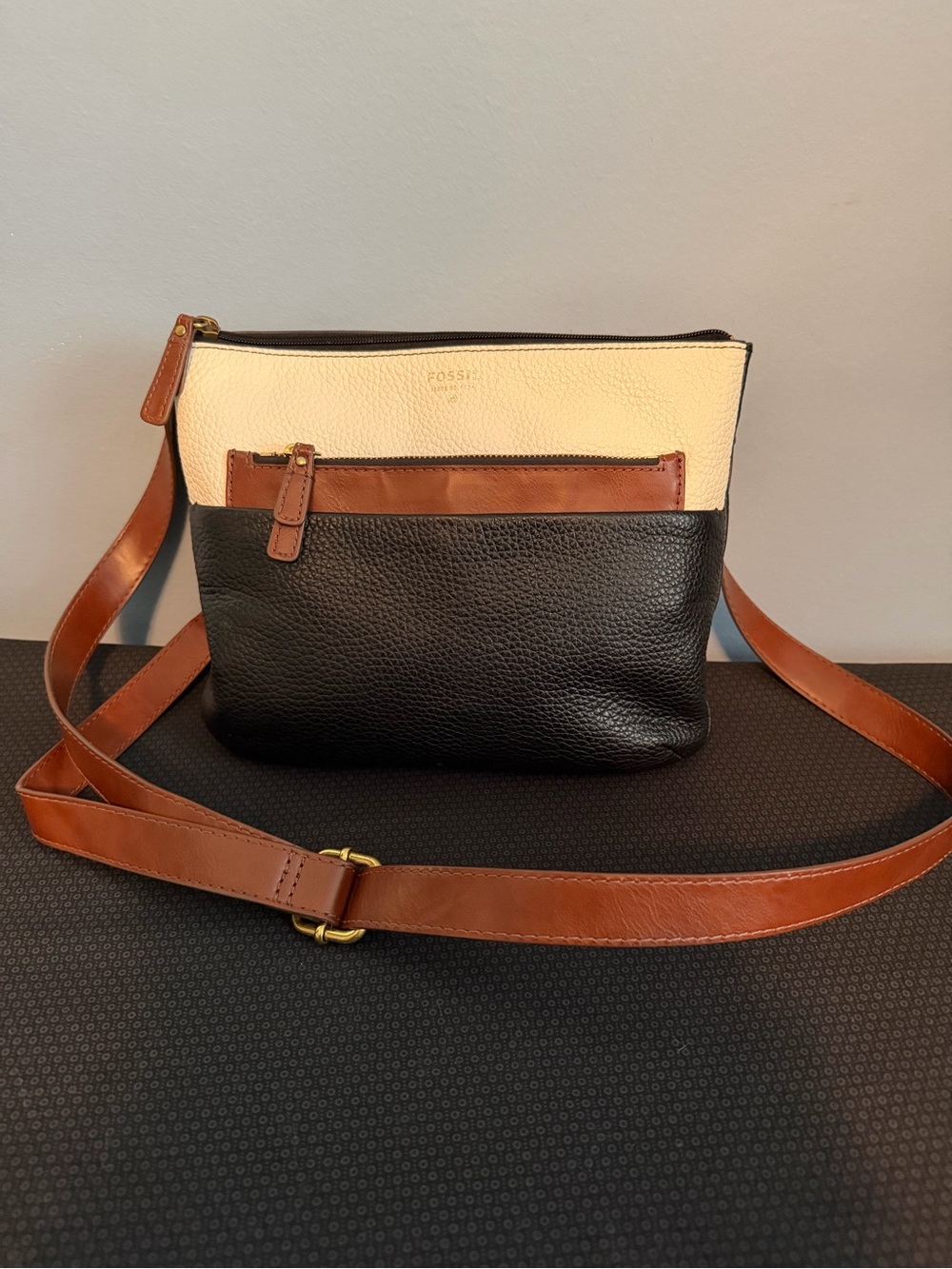 Fossil Black, Cream & Tan Leather Fiona Color-block Crossbody Bag